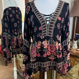 Floral Lace-Up Blouse in Black and Pink